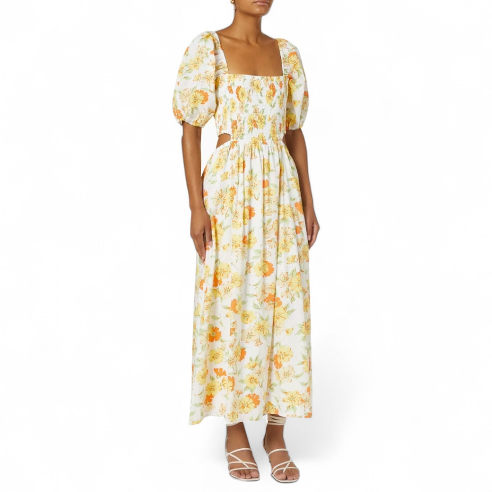 Faithfull The Brand Cutout Loucetta Puff Sleeve Cottage Midi Dress NWT S